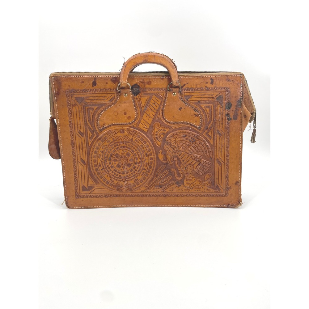 Vintage Mexican‎ Hand Tooled Leather Briefcase - Aztec Sun Stone & Eagle - As-Is